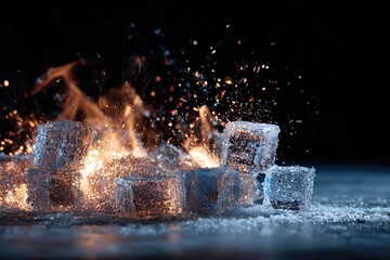 Fire with sparks and exploding ice cubes on a dark background contrast