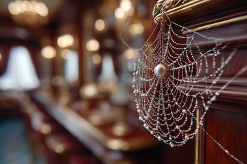 Delicate dewdrop-covered spider web with pearl center hanging from ornate furniture in elegant room