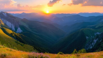 Wall Mural - Video A serene landscape with the sun setting behind a mountain range, perfect for use as a background image or to represent a sense of peace and tranquility