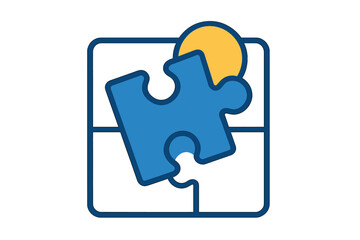 Blue puzzle piece fitting into a square grid structure symbolizing solution and integration
