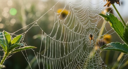 Closeup of a dewcovered spider web with a spider in the morning light