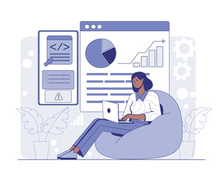 Woman sitting on bean bag using laptop, with charts, graphs, and code interface in background, flat style on white background. Concept of data analysis. Vector illustration