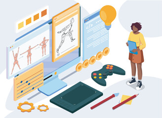A woman stands near screens displaying character animation, coding, and design tools with a game controller, tablet, and creativity elements. Vector illustration