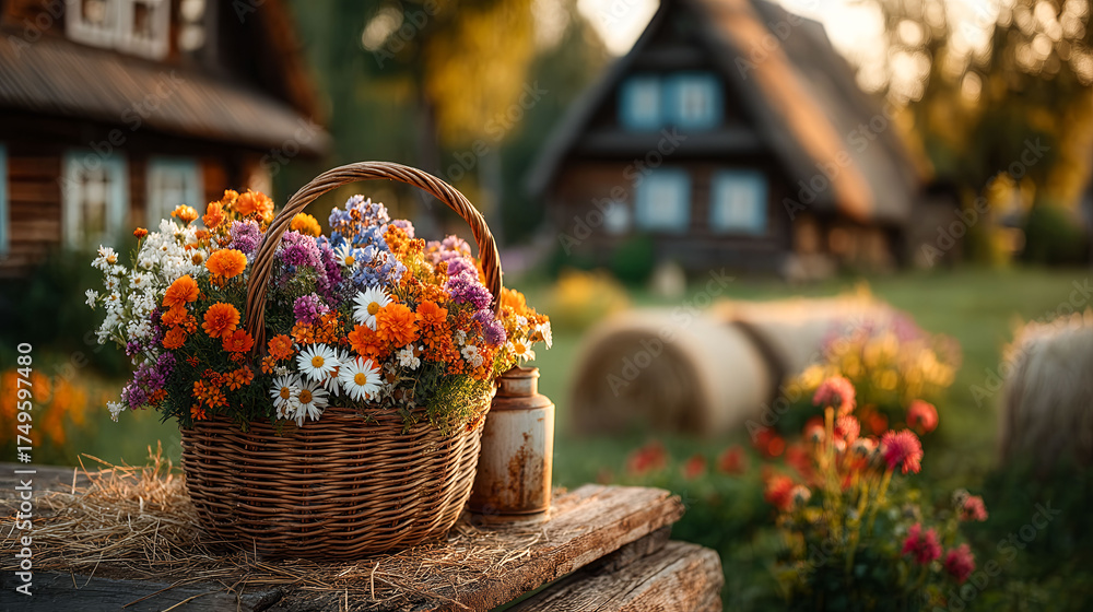 A basket of flowers sits on a wooden table in front of a house. The flowers are a mix of colors, including orange, yellow, and purple. Concept of warmth and tranquility