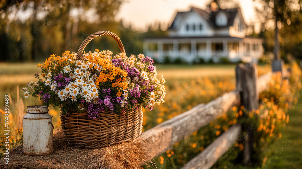 A basket of flowers sits on a fence post next to a house. The flowers are yellow, purple, and white, and they are arranged in a way that makes them look like they are in a vase. The scene is peaceful