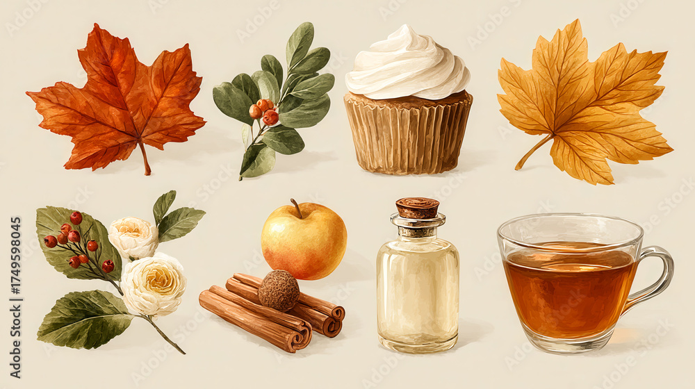 A collection of fall-themed food and drink items, including a cup of tea, a cupcake, and a glass of apple juice