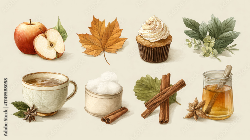 A collection of food items including apples, cinnamon, and a cup of tea. Concept of warmth and comfort, as these items are often associated with cozy moments and relaxation