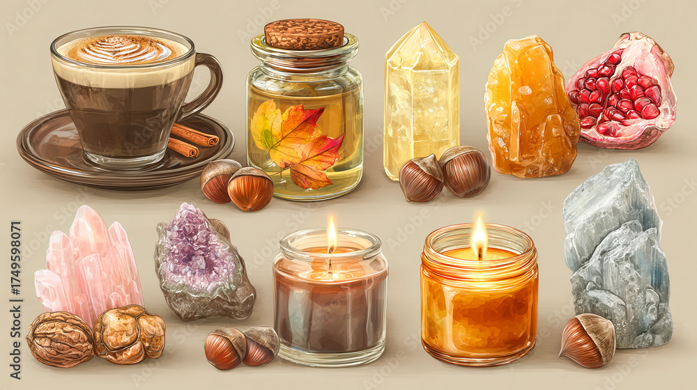 A collection of items including a cup of coffee, a candle, and a jar of nuts. Concept of relaxation and comfort, as these items are often associated with cozy and calming environments
