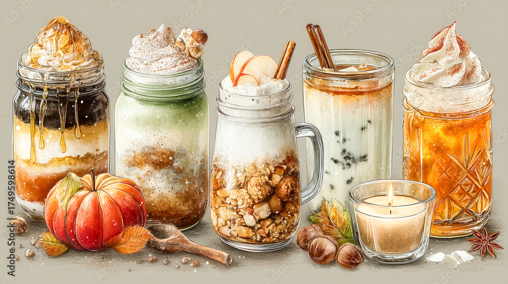 A row of mason jars filled with various drinks and snacks, including a pumpkin flavored drink and a pumpkin spice latte