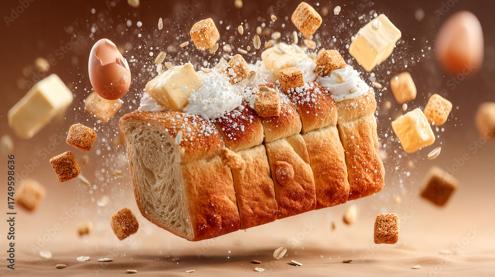A close up of a piece of bread with a lot of crumbs and butter on it. The bread is flying through the air, and the crumbs and butter are scattered all around it