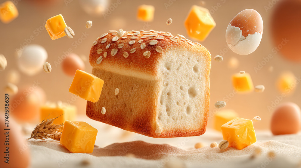 A close up of a piece of bread with cheese and oatmeal on top. The bread is cut in half and the cheese and oatmeal are scattered around it. The image has a playful and whimsical mood