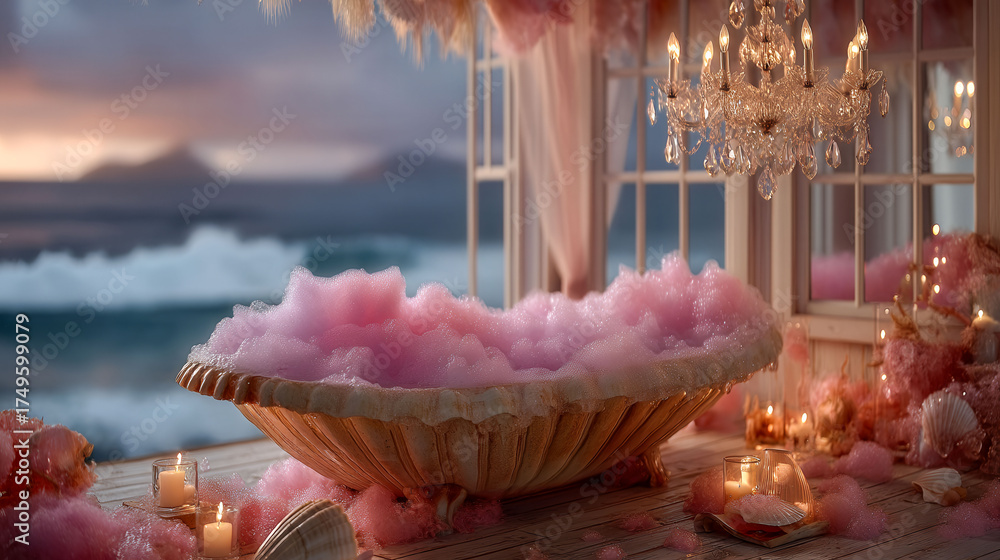 A bathtub filled with pink bubbles and a chandelier above it. Scene is romantic and luxurious
