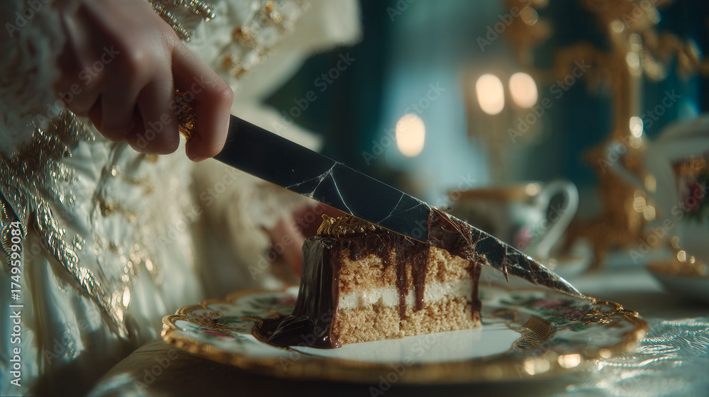 A woman is cutting a cake with a knife. The cake is chocolate and has a white filling. The woman is wearing a white dress