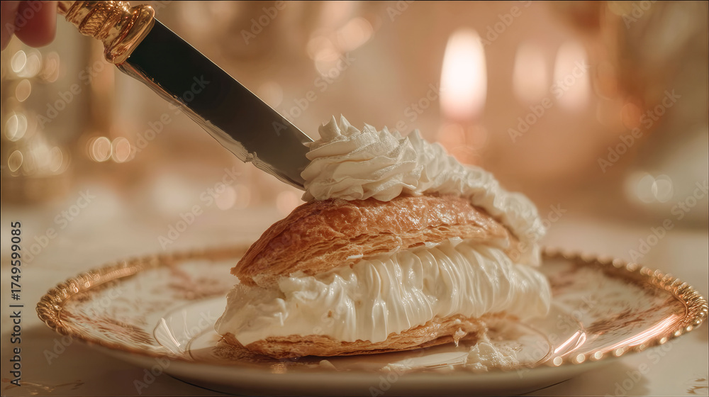 A knife is cutting into a pastry with a lot of whipped cream on top. The pastry is on a white plate and the knife is on the plate as well