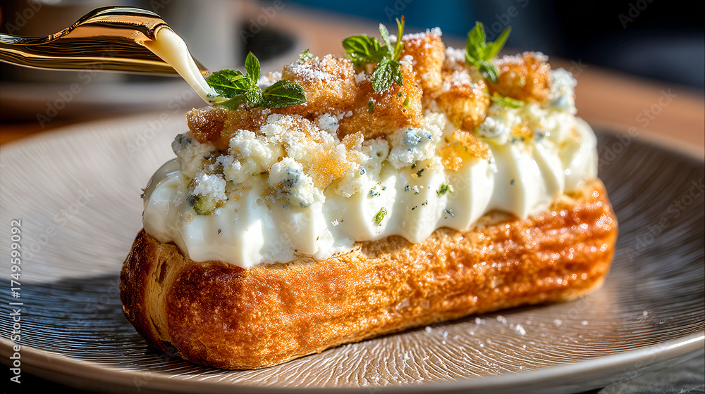 A pastry with a creamy white frosting and blueberries on top. The pastry is served on a white plate