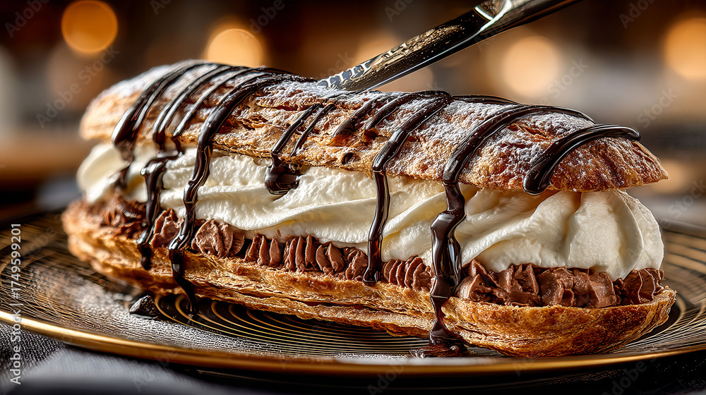 A chocolate cream filled pastry with a knife on top. The pastry is on a plate and is decorated with chocolate sauce