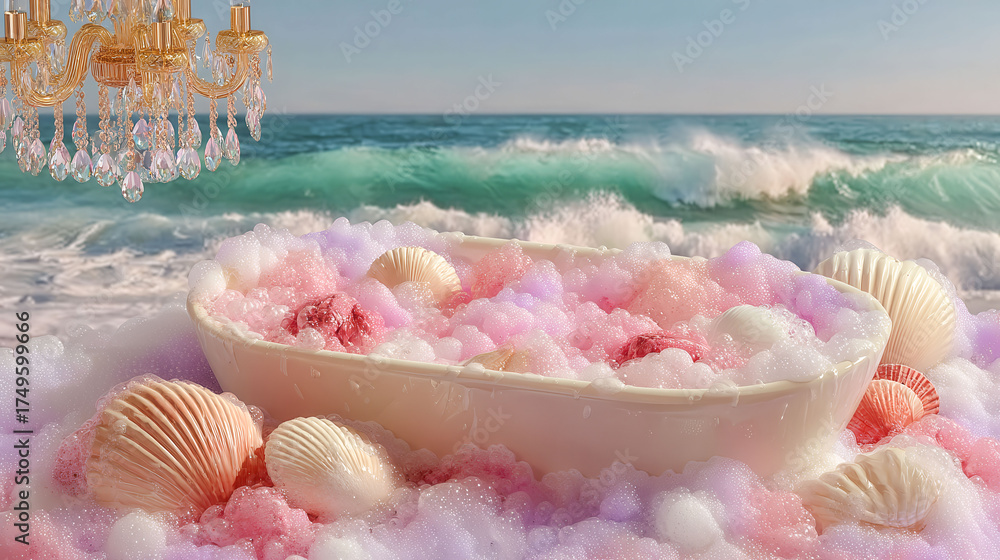 A bathtub filled with pink and purple bubbles and shells. The scene is set on a beach, with the ocean in the background