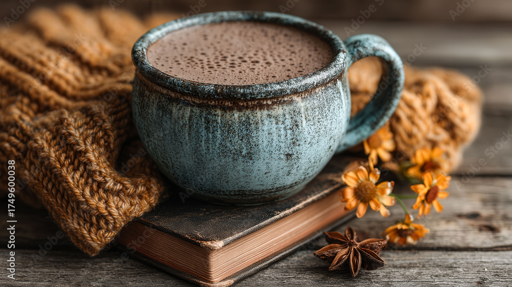 A mug of hot chocolate sits on top of a book with a blanket draped over it. Concept of comfort and relaxation, as the warm beverage and cozy blanket create a welcoming atmosphere
