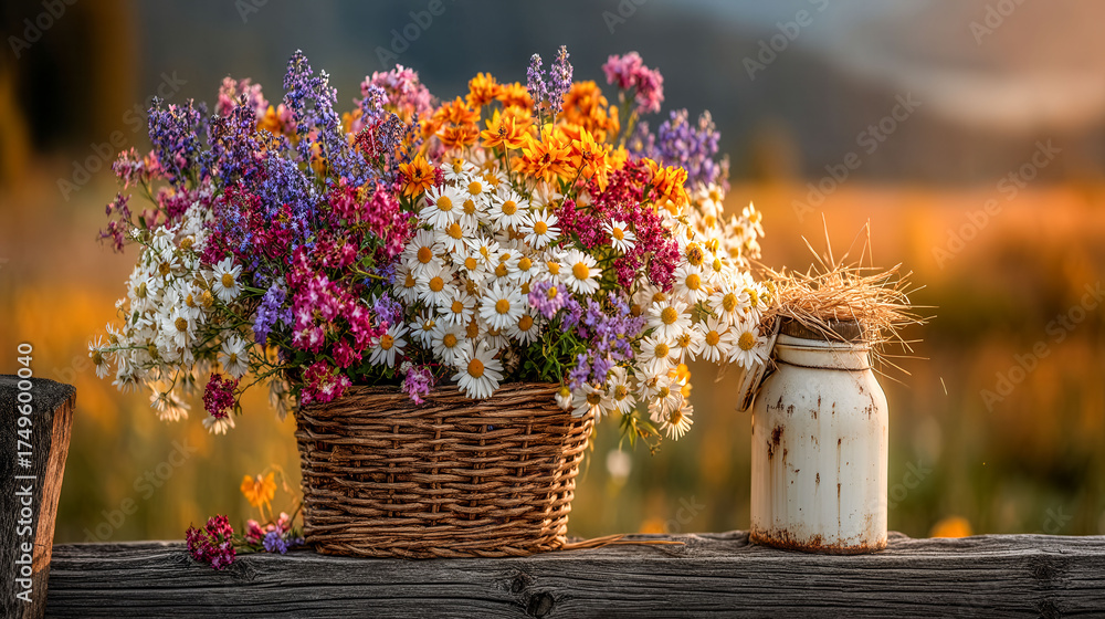 A basket full of flowers sits on a wooden post. The flowers are a mix of colors, including white, yellow, and purple. The basket is placed on a wooden post, and there is a jar nearby
