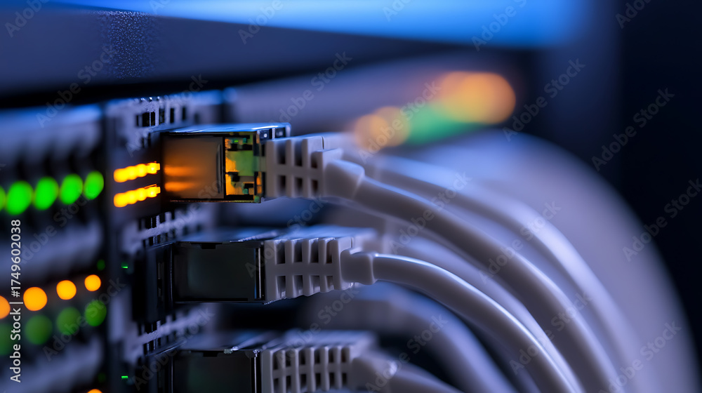 Network hub showing activity lights with ethernet cables running into ...