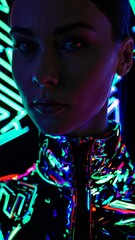 Wall Mural - Futuristic video concept with a close-up, low-angle shot of a person in neon lights, highlighting vibrant colors and a cyberpunk style.