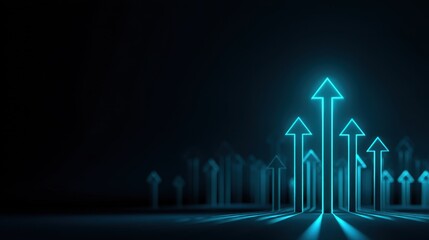 Wall Mural - Abstract representation of glowing upward arrows symbolizing growth, progress, success, and innovation against a dark background with soft blue lighting effects