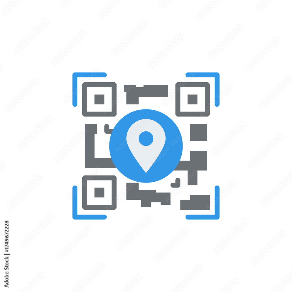Location Pin Icon Centered on a QR Code Scan Grid with Blue and Gray ...