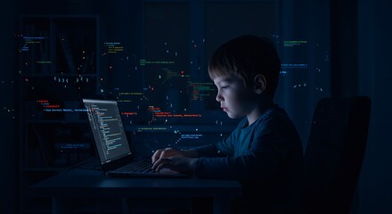 Focused young coder developing software on laptop in dark room late at night