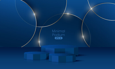 Wall Mural - Minimal podium with soft material base. Wood podium stages and product showcase platform with covers and golden in round and square shape. 