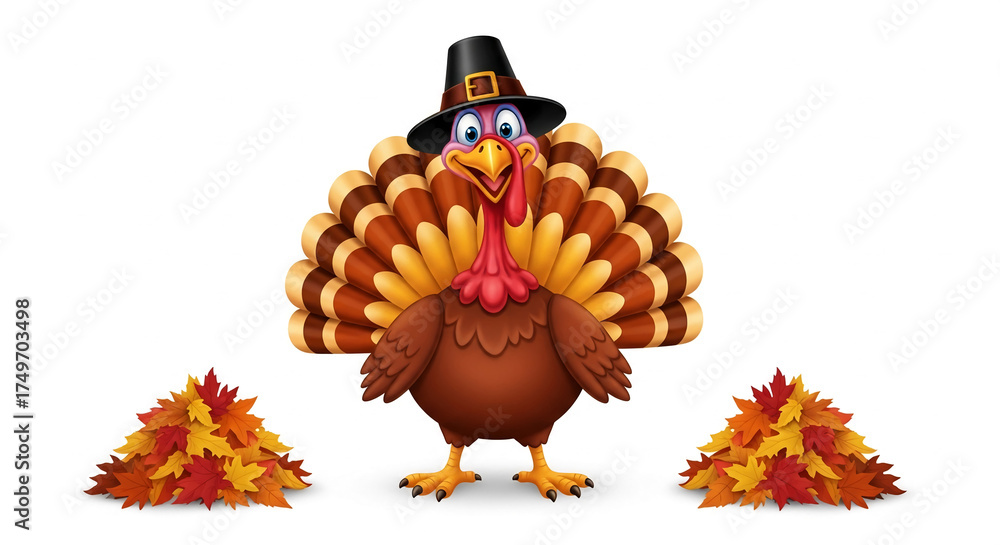 Cartoon turkey wearing pilgrim hat, flanked by autumn leaves on white ...