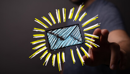 Modern digital communication concept.  Hand interacts with glowing email icon. Perfect for marketing, technology, and communication themes