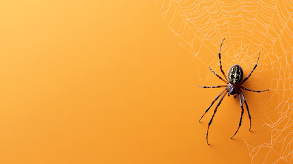Spider on web against a bright orange background. Creepy crawler.  Halloween decoration for a party. Arthropod and spiderweb. Eight legs!