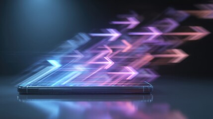 Wall Mural - Fast Movement of Digital Arrows Over a Smartphone Depicting Technology, Speed, and Innovation in the Modern Digital Age with a Neon Glow Effect