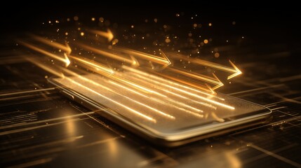 Wall Mural - Futuristic Smartphone Concept with Dynamic Light Trails and Glowing Effects on a Dark Background in High-Tech Digital Environment