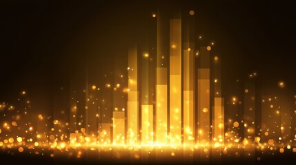 Wall Mural - Abstract golden sound wave graphic with glowing lights, colorful bars and sparkling particles on a dark background for digital art and design concepts