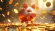 © xbox - A cheerful piggy bank hovers amidst a golden cascade of coins, creating a visual of savings and financial wealth. Focus is on the cute, pink pig