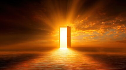 Wall Mural - Ethereal Doorway Opening to a Vibrant Sunset Over Serene Water with Rays of Light Illuminating the Scene Beyond the Threshold