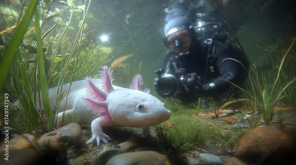 Stock Foto Axolotl Underwater Photo Shoot With Scuba Diver Aquatic stock-foto-axolotl-underwater-photo-shoot-with-scuba-diver-aquatic