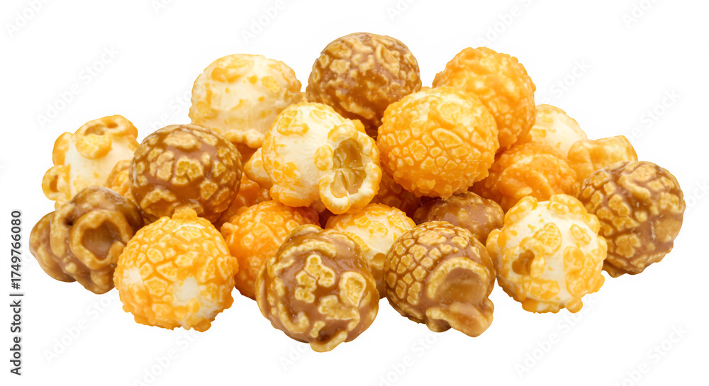 An assortment of caramel and cheese coated popcorn pieces showcasing a ...
