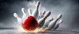 Impact of a vibrant red bowling ball striking pins in a bowling alley during a competitive game under dramatic lighting