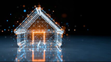 Wall Mural - Digital hologram of a house with glowing orange lines on dark background representing smart home technology and futuristic construction concept
