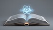 © 69 - Open book with glowing atomic model hovering above, representing knowledge and science, ideal for educational and technology themes, captivating and modern design