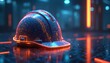 © Pete - Digital construction hard hat glows with bright orange particles. Futuristic safety helmet sits on high tech circuit surface. Innovation for building site safety, smart industry, engineering, modern