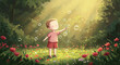 © I'mllustration - Adorable boy blowing soap bubbles in a magical sun-drenched forest