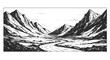 © Rahmanart - A striking black and white vector illustration depicts a serene flat 2D mountain valley landscape with a flowing river, presented as a graphic sketch on a clean white background.