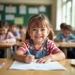 © AlehKireyeuStudio - Smiling Girl in Striped Shirt Drawing at Desk