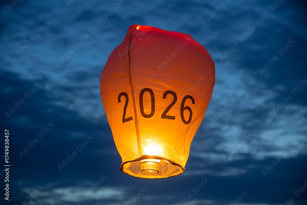 Illuminated sky lantern with the year 2026 ascends into the twilight ...