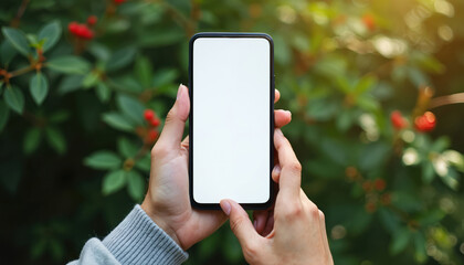 Close up of hands holding blank screen smartphone against green foliage. Person using phone in nature. Mockup design, blank display for application presentation. Modern tech, mobile, gadget.