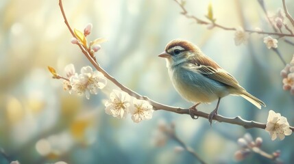 Naklejka na meble Spring bird sits on a blossoming branch, soft lighting, airy style for springtime cards, nature-themed branding, or seasonal blog headers.