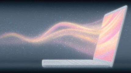 Futuristic laptop with colorful digital effects.